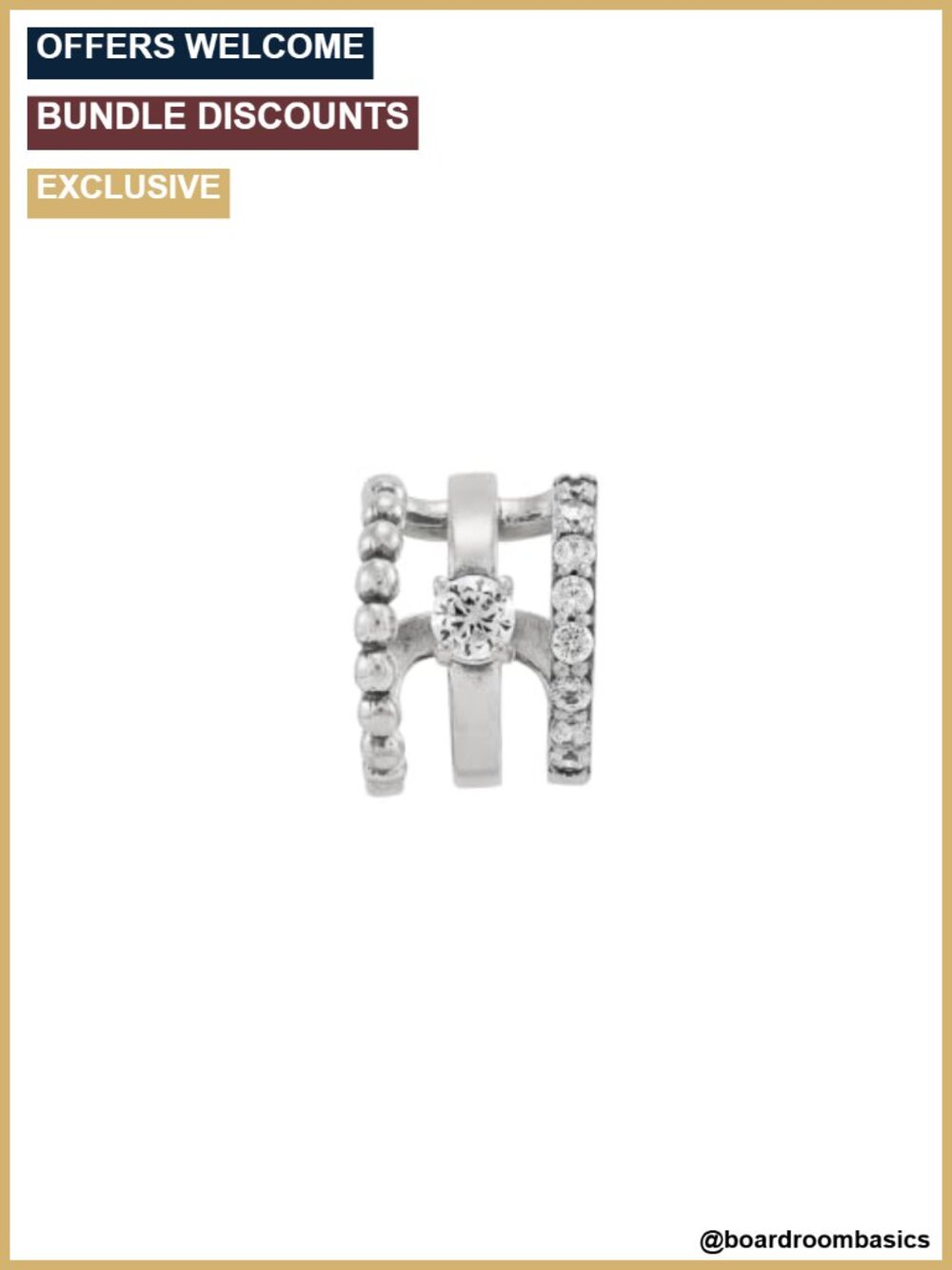 Sterling Silver Cubic Zirconia Ear Cuff Slip-On Three Row